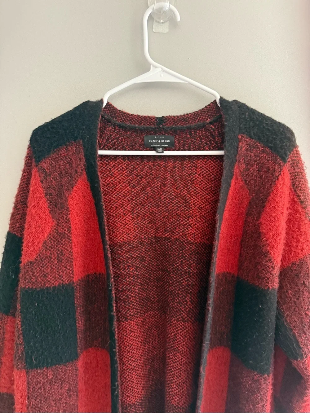 Lucky Brand Woman’s Black Red Buffalo Plaid Cardigan Sweater SZ M Long Pockets - Picture 3 of 10